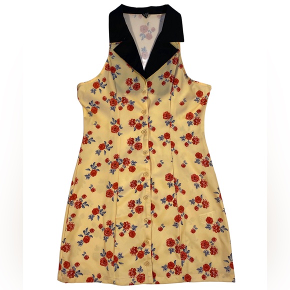 Dresses & Skirts - Floral Yellow Button-Up Sleeveless Dress with Black Collar – Retro Style